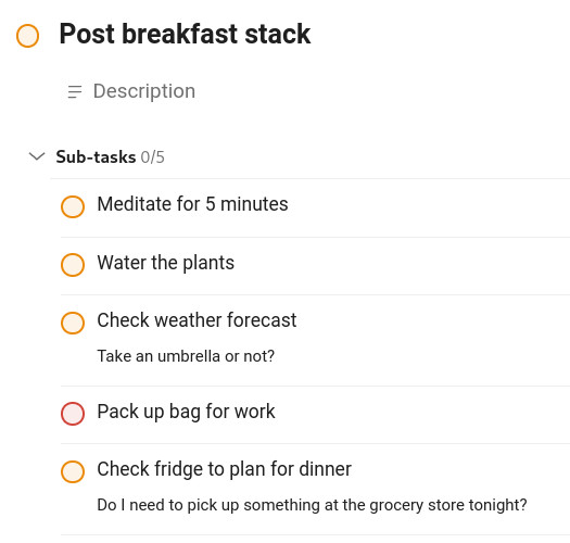 Todoist Post breakfast task with completable subtasks